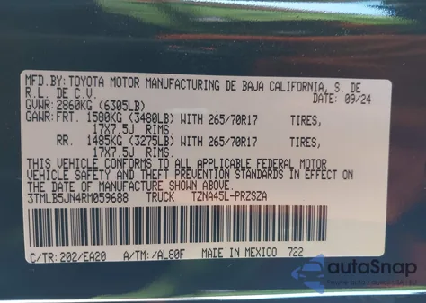 2024 Toyota Tacoma Trd Off Road 4Wd from USA, damaged, VIN 3TMLB5JN4RM059688